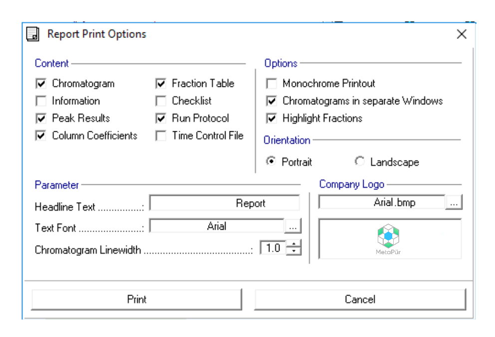 Example of MetaPür Report Options